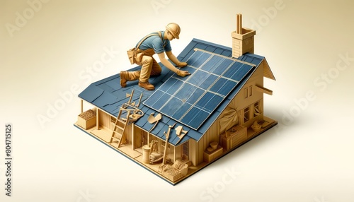 Stylish 3D Illustration of Worker Installing Solar Panels on a Miniature House