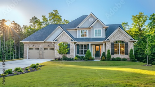 A newly built house with a stone facade and green front lawn lit by the warm sunset light, indicating luxury and the American Dream