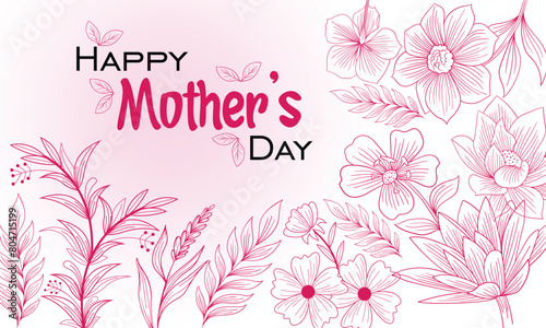 Happy Mothers Day, vintage magenta color outline of floral flowers. Trending Mother's day design. Dark Pink and black typography of Happy Mother's day. Editable. EPS 10 © garaFix_anim