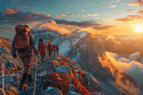 A group of climbers with ropes on a snow-covered peak during a breathtaking sunset, symbolizing determination and beauty in nature photo