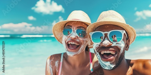 A couple mistakenly applying too much sunscreen on each other's faces on a sunny beach, resulting in exaggerated white cream marks, capturing a funny and relatable vacation photo