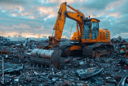 An orange excavator stands stark against the backdrop of a wasteland, under a menacing stormy sky, evoking a sense of urgency and survival among ruins