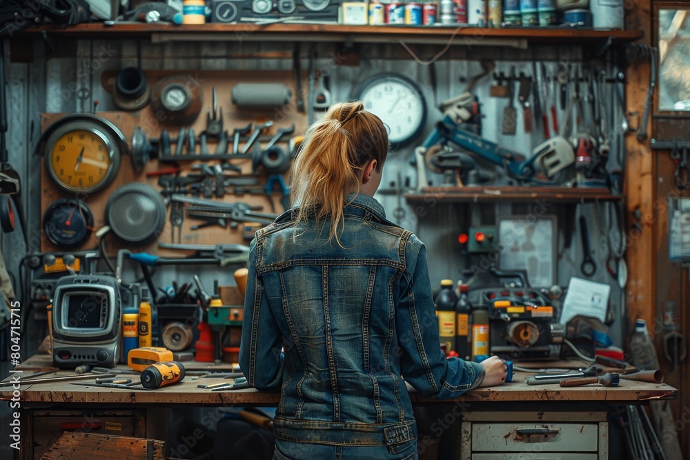A woman in a denim jacket works attentively at a cluttered workbench in a tool-filled workshop A woman in a denim jacket works attentively at a cluttered workbench in a tool-filled workshop
