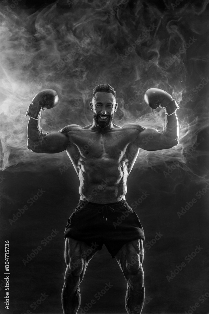 Obraz premium Boxer on the black neon background. Download high resolution photo for advertising online sports betting. Picture for ads a bookmaker application.