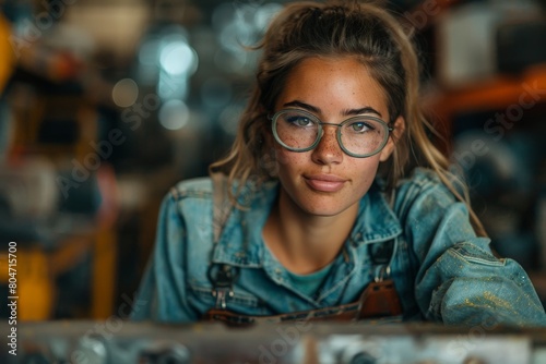 A focused woman with glasses leaning on a machine in a denim jacket covered in dust photo