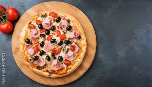 top view of a traditional italian pizza with ham mushrooms cherry tomatoes mozzarella black olives on a wooden board and isolated on a transparent background