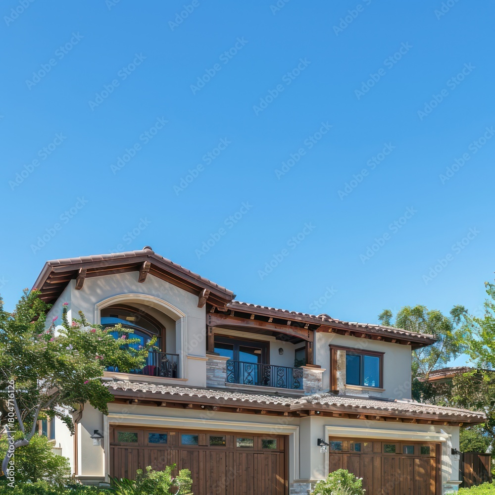 This image shows a tastefully designed Mediterranean style house with ornate balconies and a terracotta roof set against a clear blue sky
