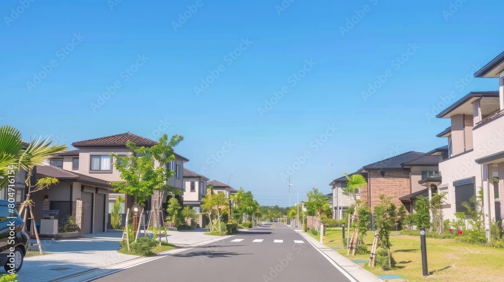 This image captures a peaceful suburban street lined with contemporary homes and lush green landscaping under a clear sky This image captures a peaceful suburban street lined with contemporary homes and lush green landscaping under a clear sky