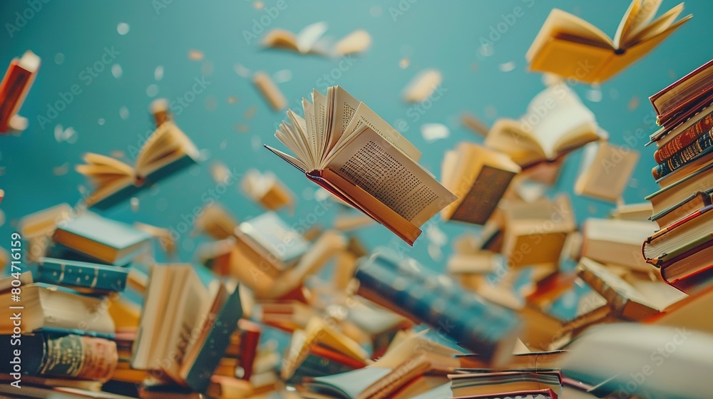 Obraz premium A book pile soars through the air as books tumble from shelves above, in front of them