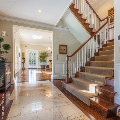 The image showcases a spacious home interior with polished floor tiles, a classic wooden staircase, leading into a well-lit living space with tasteful decor