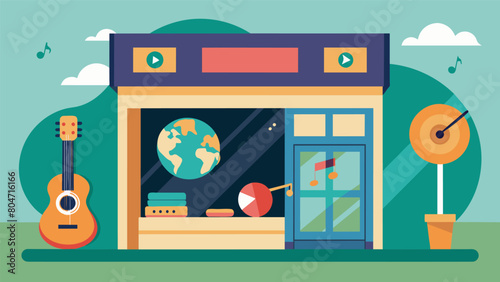 Across the globe music stores and radio stations come together to celebrate Global Music Day. The windows of these stores are adorned with vinyl Vector illustration