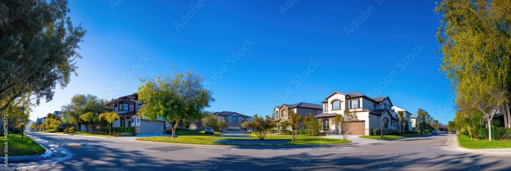 A wide panoramic view of a suburban street lined with contemporary homes under a clear blue sky A wide panoramic view of a suburban street lined with contemporary homes under a clear blue sky