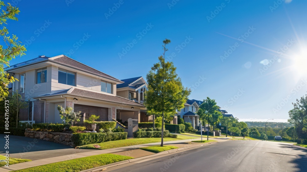 Luxurious houses with well-maintained landscaping under a bright sunny sky in a suburban setting Luxurious houses with well-maintained landscaping under a bright sunny sky in a suburban setting