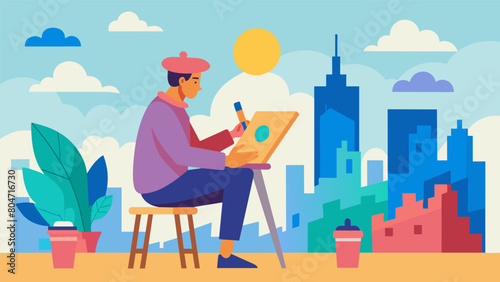 In the midst of a bustling cityscape a painter takes a moment to sit on a sidewalk bench and capture the chaos and vibrancy of the urban scene with.
