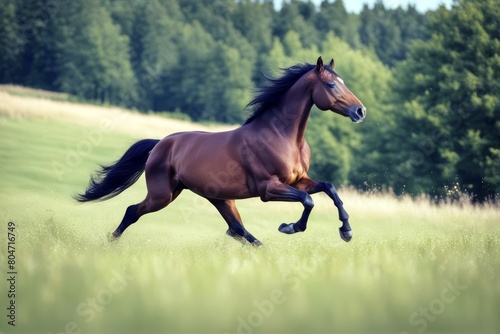  meadow bay horse running fast gallop free beautiful equine elegant strong wild summer green grass sky animal farm pet healthy 