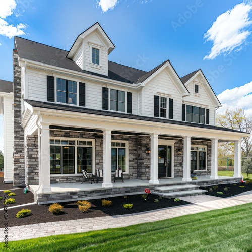 Modern elegant house with white siding and stone details, showcasing luxury, prestige, and contemporary design