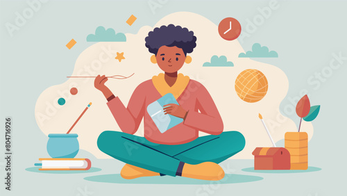 A stressedout student takes a break from studying and picks up her knitting needles finding relief from her anxiety in the repetitive meditative. photo
