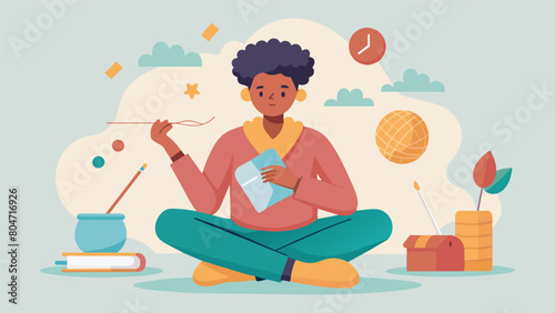 A stressedout student takes a break from studying and picks up her knitting needles finding relief from her anxiety in the repetitive meditative.