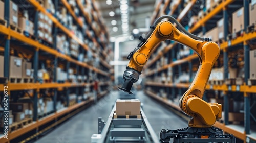 Advanced robotic arm in organized storehouse demonstrates precision and elegance