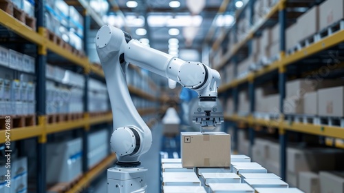 Sophisticated robotic arm in warehouse delicately grasping a package with precision