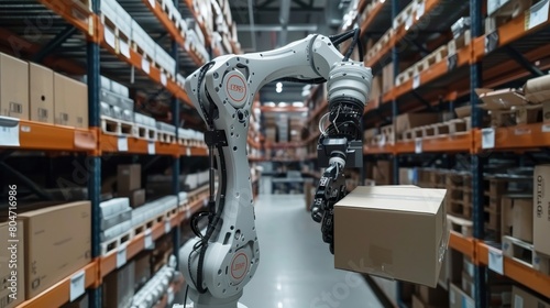 Precision engineering robotic arm in warehouse handling package with graceful movements