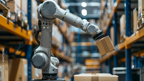 Sleek robotic arm in warehouse delicately manipulating a package with exceptional precision