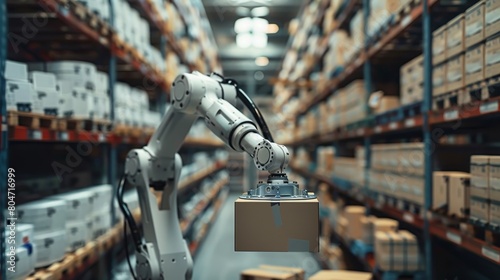 Robotic arm in dimly lit warehouse gracefully holds package like a valuable artifact photo