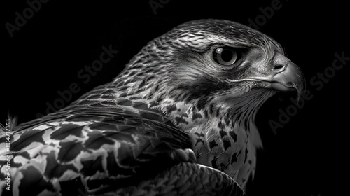   A bird of prey in focus, set against a solid black background