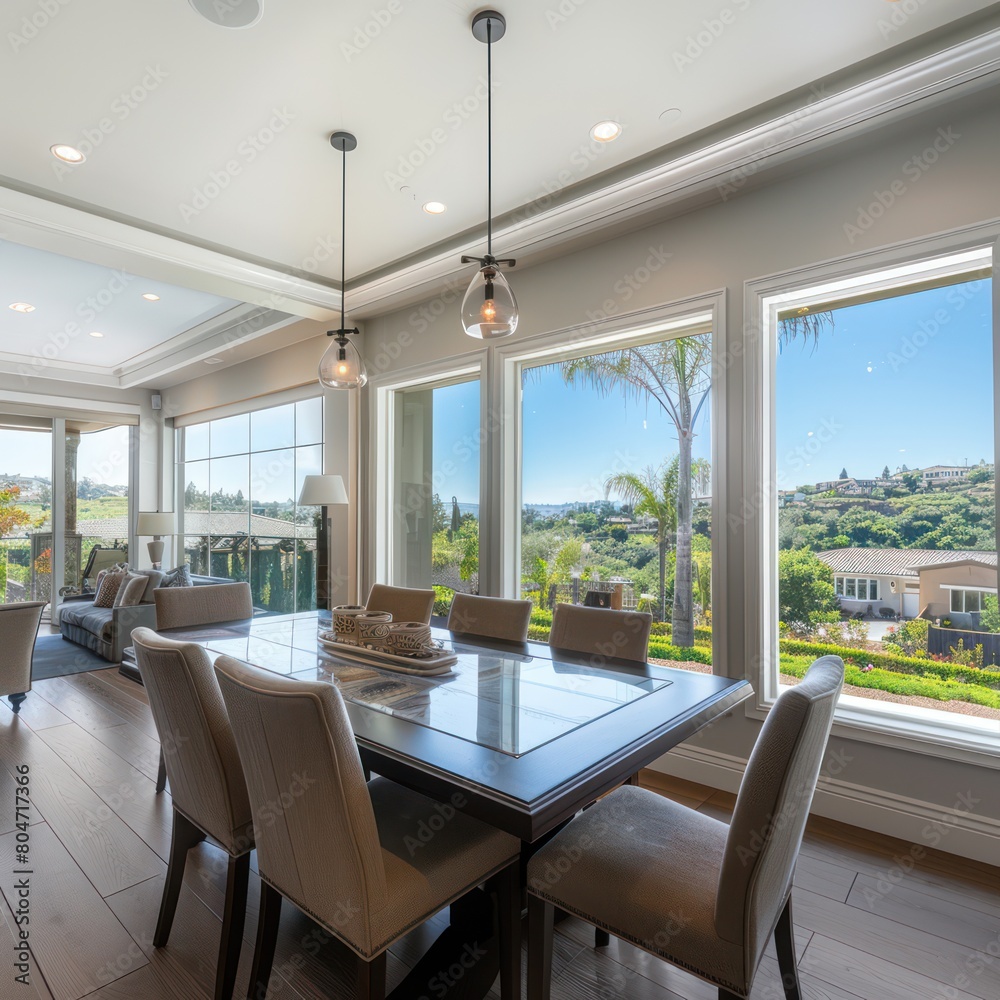 Fototapeta premium An elegant dining area featuring a large table under pendant lights with panoramic windows showcasing a scenic view