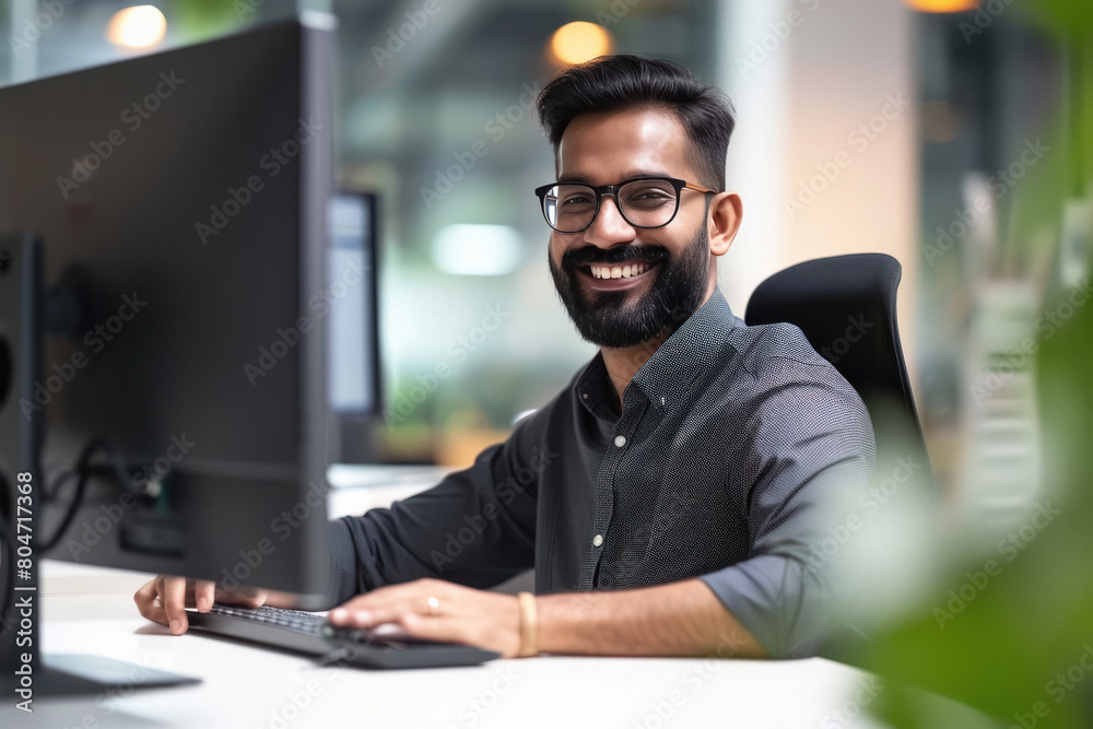 indian man working on computer in modern office indian man working on computer in modern office