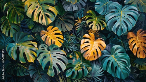 Colorful Tropical Leaves on Black Background