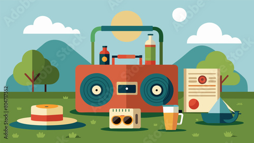 Take your vinyl listening outdoors with a portable speaker hack for the perfect picnic playlist. Vector illustration
