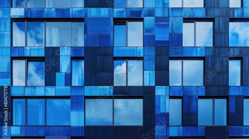 Modern building window facade, pattern, front view, sky reflection, photorealistic, blue color palette,