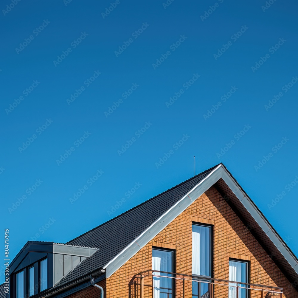 A stylish brick house with a contrasting gable roof and minimalist design against a vivid blue sky offering a modern take on traditional homes A stylish brick house with a contrasting gable roof and minimalist design against a vivid blue sky offering a modern take on traditional homes
