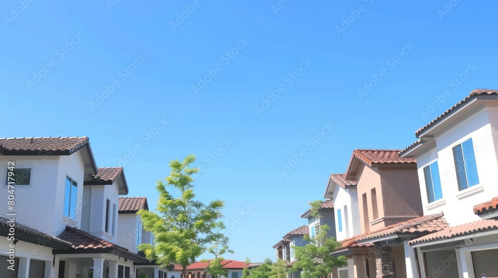 This image captures a serene suburban neighborhood with stylized homes under a clear blue sky, highlighting the tranquility of residential life This image captures a serene suburban neighborhood with stylized homes under a clear blue sky, highlighting the tranquility of residential life