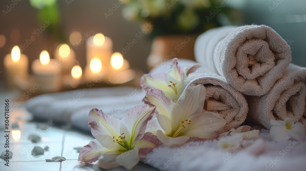 Spa towels rolled neatly beside vibrant lilies on a soft surface enhancing the feeling of relaxation Spa towels rolled neatly beside vibrant lilies on a soft surface enhancing the feeling of relaxation
