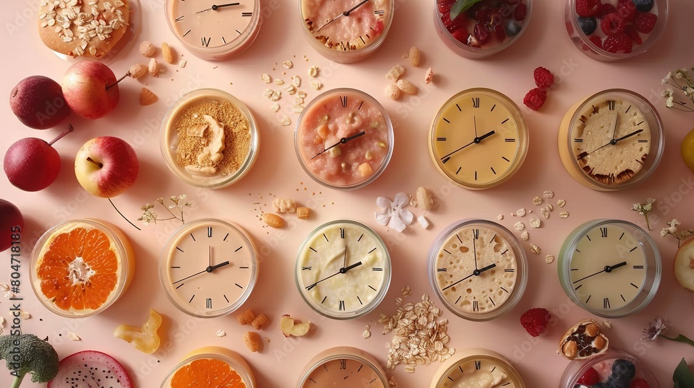 A table with various fruits, veggies, and clocks on top A table with various fruits, veggies, and clocks on top