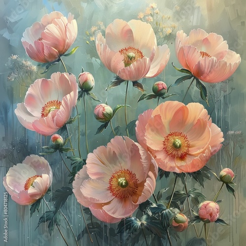 Fototapeta Naklejka Na Ścianę i Meble -  The soft pink and green hues of dawn's watercolor peonies melt into the tranquil, hazy backdrop, creating a dreamy scene.