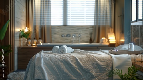 A beautifully made-up massage table with fresh towels awaits in a serene spa room subtly lit by natural light