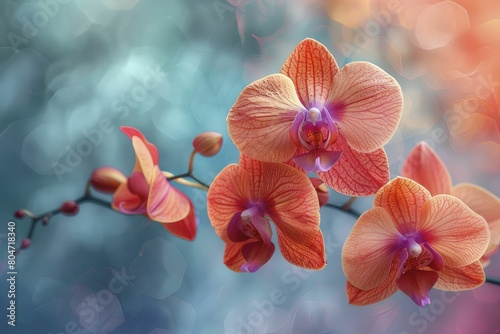 Explore the ethereal beauty of exotic orchids painted in dreamy watercolors against a backdrop of vibrant hues blending seamlessly.