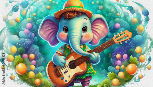 oil painting style CARTOON CHARACTER baby elephant Young aspiring musician holding  guitar with stage  