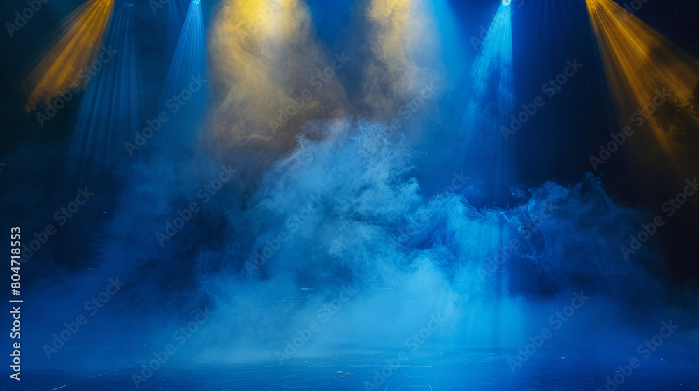 A stage shrouded in electric blue smoke under a golden yellow spotlight, offering a bold, futuristic visual.