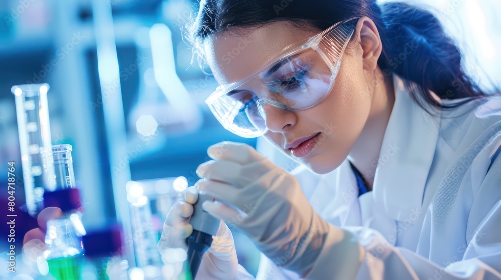 A diligent scientist engaging in careful examination of slides through a microscope in a lab A diligent scientist engaging in careful examination of slides through a microscope in a lab