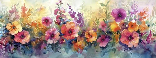 The colorful tapestry of assorted wildflowers dances in a vibrant, abstract melody within a watercolor symphony.