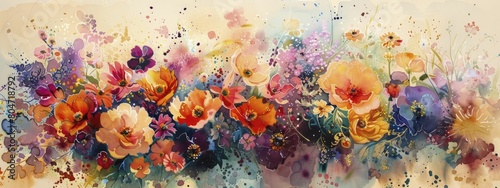 A lively dance of assorted wildflowers blooms in a vibrant  abstract watercolor masterpiece  creating a floral symphony.