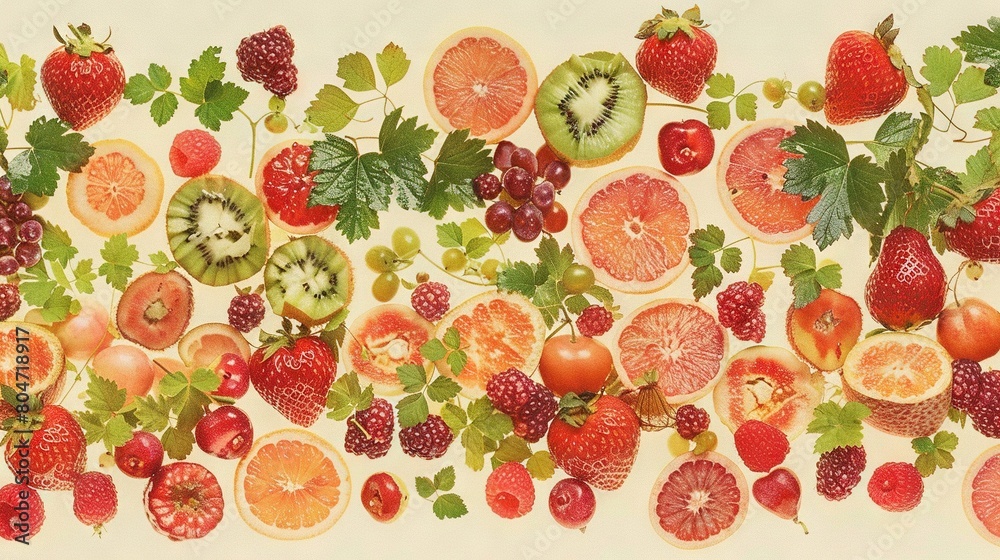An image of sliced fruit arranged on a white background with green foliage and strawberries An image of sliced fruit arranged on a white background with green foliage and strawberries