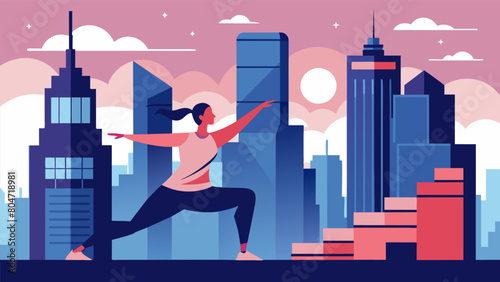 The skyscrs and buildings of the city serve as a backdrop to a persons serene Tai Chi practice on a balcony their movements a beautiful contrast to. Vector illustration