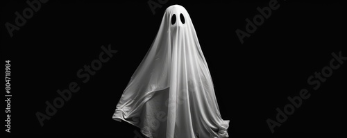 A ghostly figure stands draped in a sheer white fabric amidst swirling smoke, signifying mystery or horror
