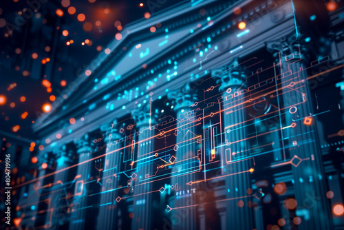 CBDC central bank digital currency Concept. A conceptual digital artwork depicting the intricate, glowing circuitry of a futuristic central bank, symbolizing advanced financial technology.