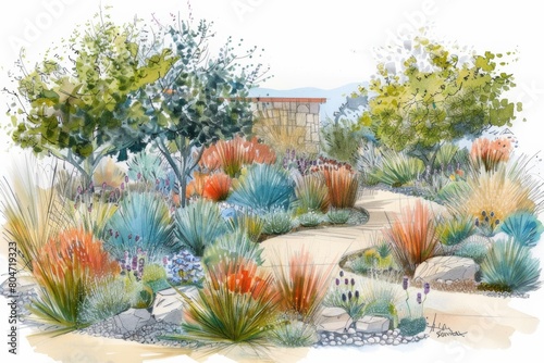 garden with california native plants and pathway landscape design sketch illustration on white